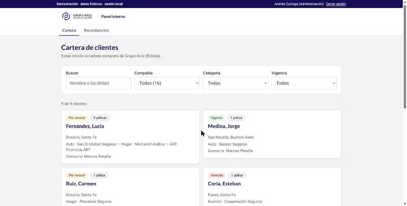Pantalla de Portal de clientes y back-office