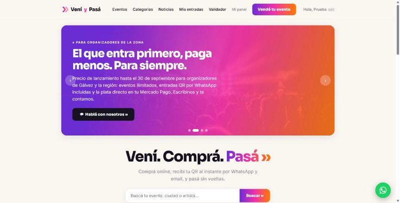 Pantalla de Vení y Pasá: entradas, finanzas y WhatsApp